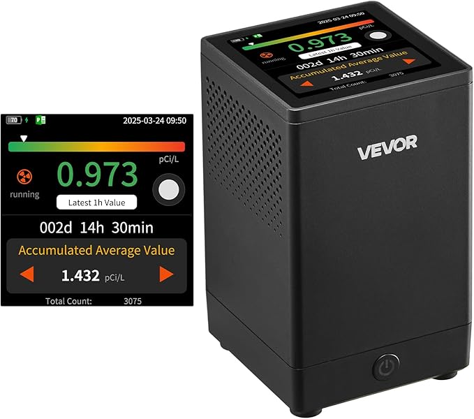 VEVOR Home Radon Detector, 2Bq to 20kBq/m³, HD Color Screen for Real-time Display, Short-Term & Long-Term Monitoring, Portable with LCD Screen, Multiple Detection Periods Support, Battery Powered