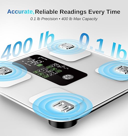 GE Scale for Body Weight: Body Fat, BMI, Muscle Mass, Smart Bathroom Scales with 14 Body Composition Metrics with Large Display, Accurate Bluetooth Weighing Machine with Fitness App, 400 lbs, White