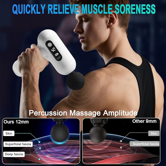 Massage Gun Deep Tissue, Percussion Massager Gun for Athletes Muscle with 9 Replacement Heads for Pain Relief, Super Quiet Portable Electric Massager (White-mini Massage Gun)