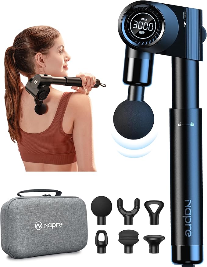 NAPRE Foldable Massage Gun Deep Tissue with 5 Adjustable Angles,Portable Handheld Percussion Back Massager for Muscle/Neck/Body Pain Relief with Long Extension Metal Handle,32-Speeds,with Carry Case