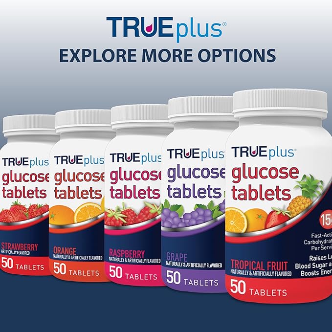 TRUEplus Glucose Tablets, Chewable, Tropical Fruit Flavor, 15g Fast-Acting Carbohydrates, Fat Free, Gluten Free, Raise Low Blood Sugar and Boost Energy, 50 Count, 3 Bottles
