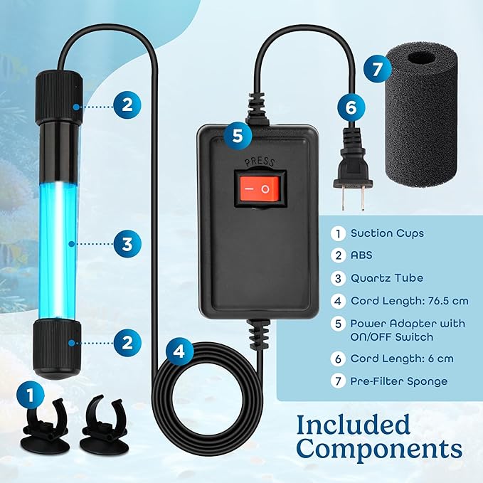 11W UV Sterilizer for Aquarium– UV-C Clean Light with a 9.84 ft Cord for Use in Filters, Sumps and Small Ponds |Clears Green Water, Removes Cloudiness & Promotes a Healthy Clear Tank for Fish & Plants