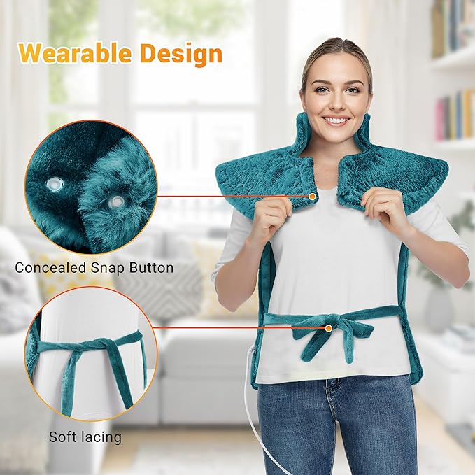 Massaging Heating Pad for Neck and Shoulders and Back, 24" x 35" Large Electric Heating Pad for Back Pain Relief with 3 Heat Levels, 4 Massage Settings, 2H Auto Shut-Off, 4 Massage Motors, Green