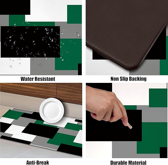 Green Kitchen Rugs Set of 2 Cushioned Anti Fatigue Kitchen Mats for Floor Non-Slip Waterproof Kitchen Floor Mats Geometric Ergonomic Cushioned Comfort Standing Mat for Laundry, Office, Sink