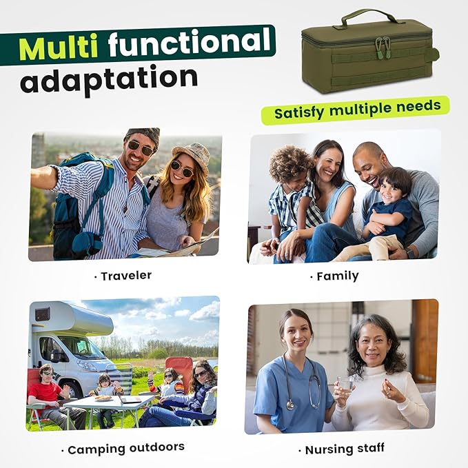First Aid Bag Empty,Travel Bag Empty Pill Box Organizer, Portable Travel Pill Bottle Organizer for Home Outdoor Emergency Traveling(Military green,13.78 x 5.91 x 4.72 in)