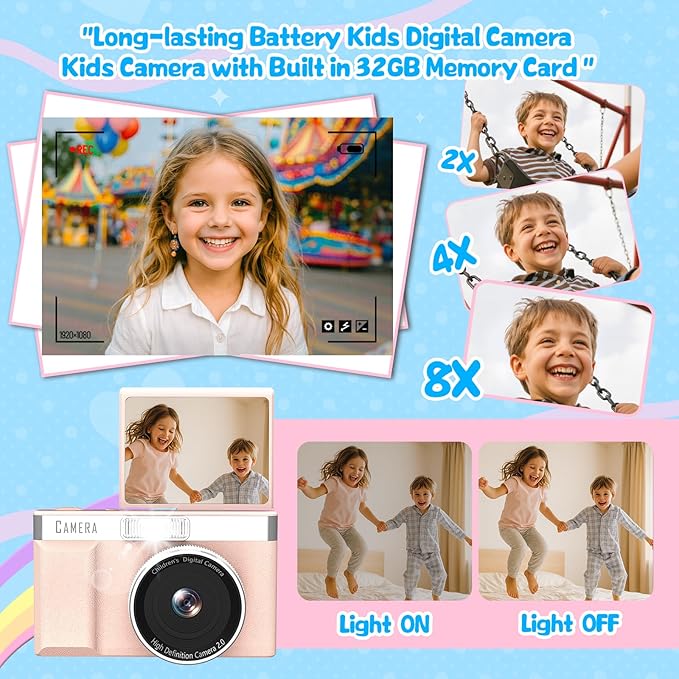 Kids Digital Camera with 180° Flip Screen, 32GB Memory Card Digital Cameras,1080P HD Point and Shoot Digital Cameras, Built in Educational Games,Ideal Gifts for Kids Boys Girls(Pink)