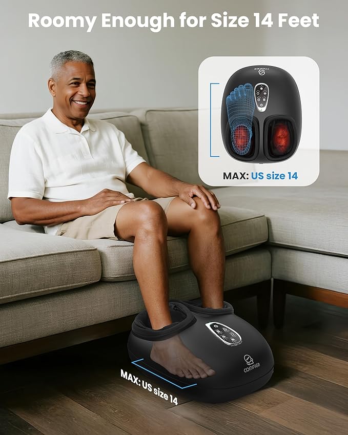 COMFIER 4-in-1 Heated Foot Massager with Shiatsu, Compression & Vibration, Independent Controls, 3 Levels, Toe Touch Control, Large Size Fits Up to 14, Gifts for Mom Dad, Home Office use