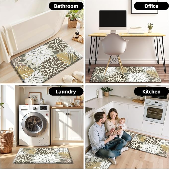 Kitchen Mats for Floor 2 Piece Cushioned Anti Fatigue Kitchen Mats Waterproof Non Slip Kitchen Mat Rug Set Comfort Foam Standing Mat for Sink, Laundry, Office, Brown White