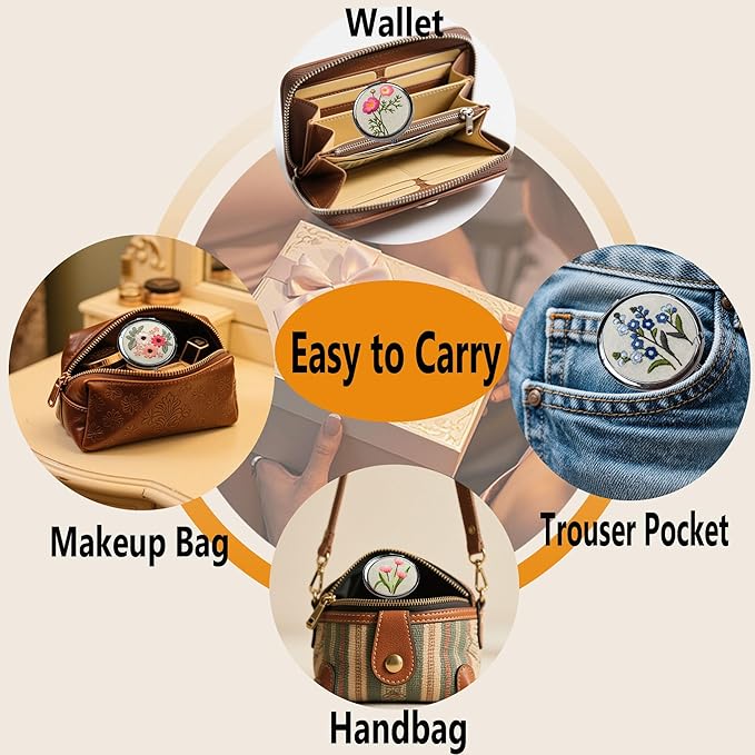 Leimandy 3-Compartment Embroidery Travel Pill Organizer with Mirror Portable Pill Case for Medication & Vitamins Compact Gift Box for Birthdays | Thanksgiving |Teachers Gift L3 (Cosmos Flower)