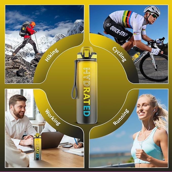 Water Bottle with Straw, 32oz Motivational Water Bottles with Time Marker to Drink, Tritan BPA Free, 1L Sports Water Bottle with Carry Strap LeakProof for Women Gym Fitness Outdoor (1 Pack)