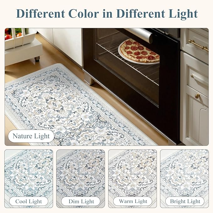KIMODE Anti Fatigue Mats for Kitchen Floor,Boho Vintage Floral Rugs Sets of 2,Cushioned Carpet Non Slip for Laundry,Wide Memory Foam Runner for Sink Office,Light Blue 20"x47"+20"x32"