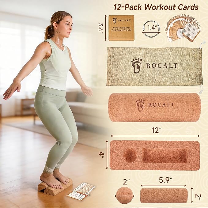 Rocalt Cork Balance Board, Premium Cork 4-in-1 Foot & Ankle Strengthener Kit, Balance Trainer with Massage Roller & Ball, Toe Resistance Bands, Storage Bag & Exercise Guide for Enhance Mobility, Improve Foot Function, Prevent Falls