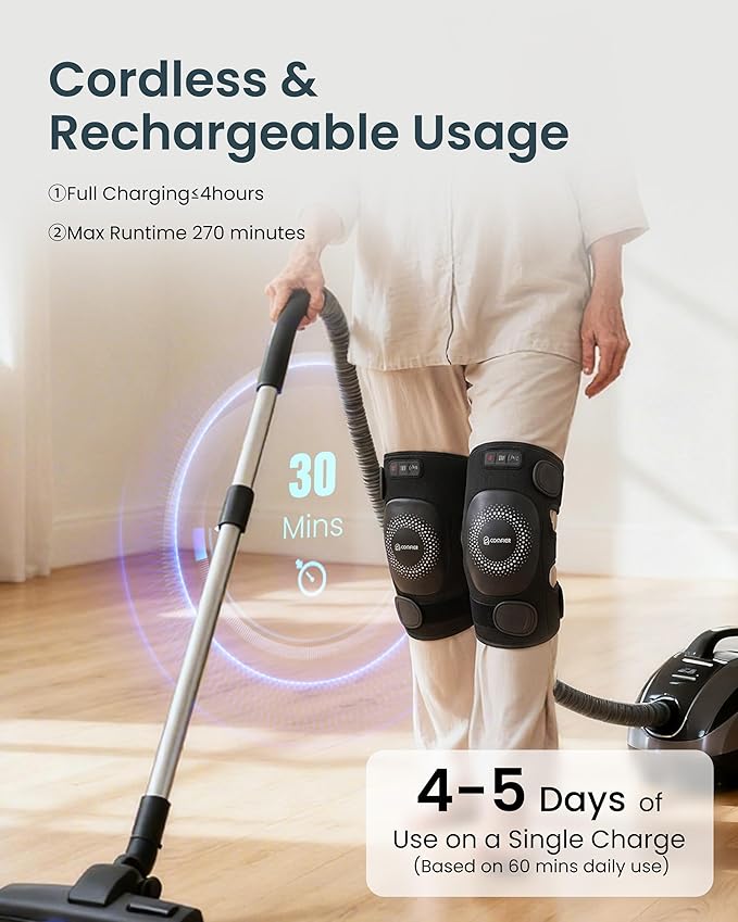 COMFIER Cordless Knee Massager with Graphene Heating, 3 Vibration Motors, Rechargeable Heated Knee Brace with 5 Modes & 3 Heat Levels, Portable Heating Pad for Men Women Seniors, Gift for Mom Dad