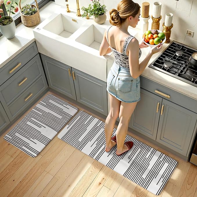 KIMODE Anti Fatigue Mats for Kitchen Floor 17"x47"+17"x29", Farmhouse Kitchen Rugs Sets of 2, Cushioned Kitchen Floor Mat Non Skid, Memory Foam Kitchen Mat for Laundry Office Sink Desk Black Lines