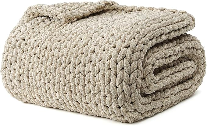 YnM Chenille Weighted Blanket, Handmade Chunky Knitted Design, Soft and Cozy, Temperature Regulating and Breathable, Machine Washable Throw for Sleep or Home Decor (Beige, 60x80 Inch, 15lbs)