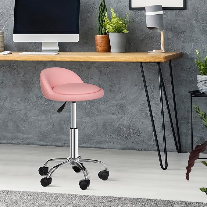 Hydraulic Rolling Stool with Back Support,300LB Capacity Pink Adjustable Height Swivel Chair with PU Leather Seat and Lumbar Support,for Salon Spa Tattoo Massage Clinic Office