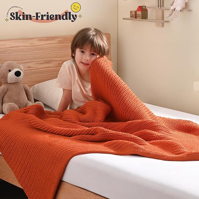 Guohaoi Knitted Weighted Blanket (Orange 36"x48" 3lbs) No Beads Cooling Heavy Blanket, Home Decor Breathable Chunky Knit Throw Blanket for All-Season Use