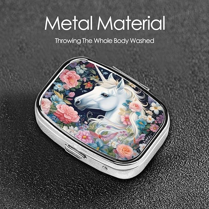 Unicorn Flower Pattern Pill Box with Mirror 2 Compartment Metal Square Small Pill Case for Purse Pocket Portable Pill Container Holder Travel Medicine Organizer for Vitamin Fish Oil Supplement