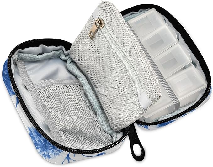 Ink Blue Cornflower Travel Pill Organizer Case Box Container Weekly Portable Vitamin Medicine Holder Storage Bag with Zipper Removable