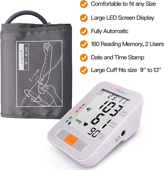 LotFancy Blood Pressure Monitor for Home Use, Digital Sphygmomanometer, 180-Readings Upper Arm Medium Cuff (9-13")