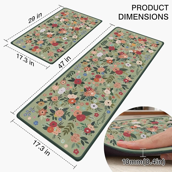 Anti Fatigue Boho Kitchen Rugs Set of 2, Floral Kitchen Mats for Floor, Farmhouse Kitchen Decor, Anti-Slip and Anti-Fatigue Foam Standing Mat,17x30 inch Sink Mat+17x48 inch Runner Rug Green