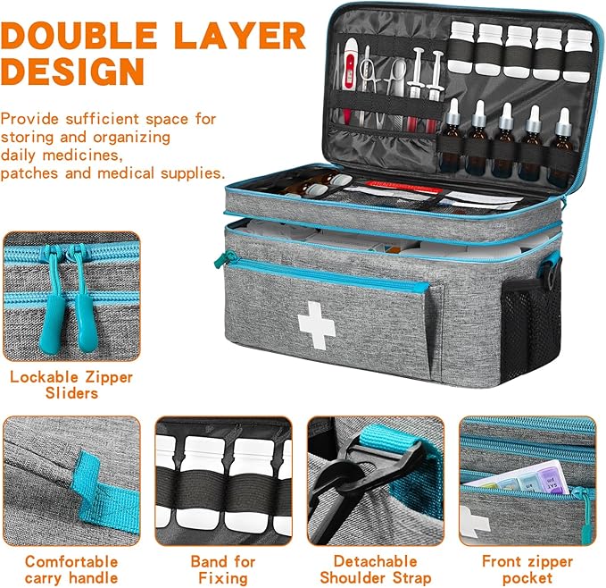 Boczif First Aid Kit, First Aid Storage Carry Bag, Pill Bottle Organizer for Emergency Trauma Medical Kits Supplies Waterproof, Ideal for Home, Travel, Outdoor, Camping (Grey with shoulder strap)