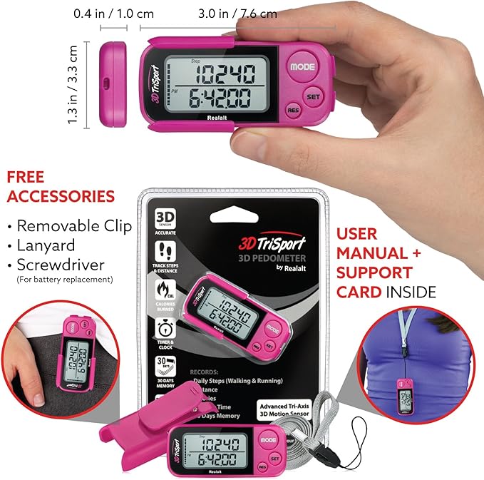 Realalt 3DTriSport 3D Walking Pedometer with Clip & Strap, Accurate Step Counter with 30-Day Memory, Distance in Miles/KM with Large Display Perfect for Seniors & Beginners, eBook Included