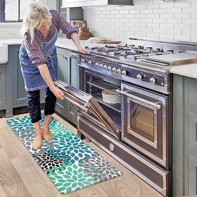 Likiyol Kitchen Mats for Floor Anti-Fatigue Comfort Kitchen Rugs, Boho Flower Cushioned Waterproof Kitchen Decor Mat Thick，18''x48'', Teal