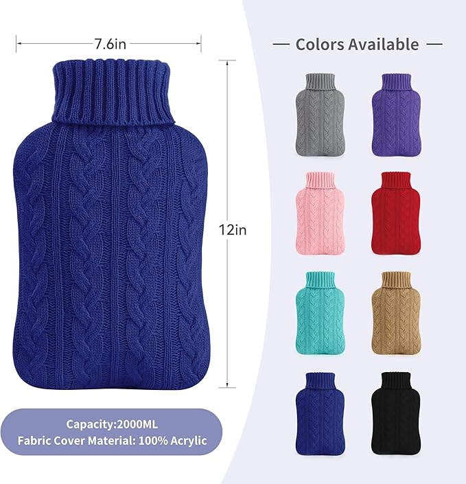 samply Hot Water Bottle with Knitted Cover, 2L Hot Water Bag for Hot and Cold Compress, Hand Feet Warmer, Ideal for Menstrual Cramps, Neck and Shoulder Pain Relief,Navy