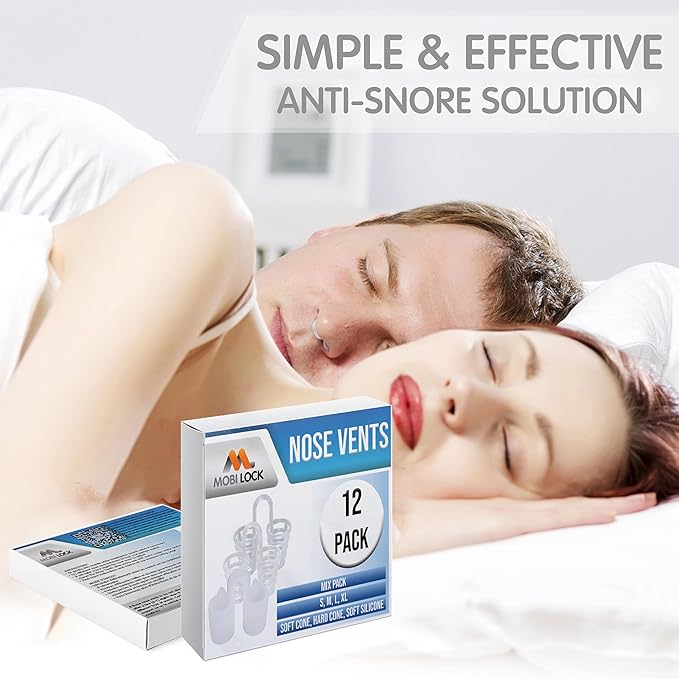 Nose Vent Sinus Relief (Pack of 12 Various Types and Sizes) - A Simple Solution for Nasal Snorers - Reusable Snoring Device to Enjoy a Peaceful Night's Sleep - by Mobi Lock