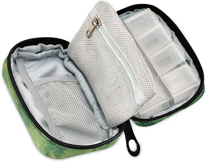 Gradient Yellow Green Deer Herd and Birds Travel Pill Organizer Case Box Container Weekly Portable Vitamin Medicine Holder Storage Bag with Zipper Removable