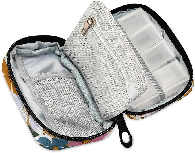Colorful Flowers01 Travel Pill Organizer Case Box Container Weekly Portable Vitamin Medicine Holder Storage Bag with Zipper Removable