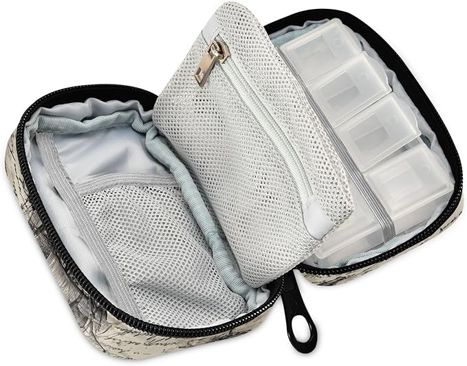 Beige Pirate Skull Flags Sailing Ships Travel Pill Organizer Case Box Container Weekly Portable Vitamin Medicine Holder Storage Bag with Zipper Removable