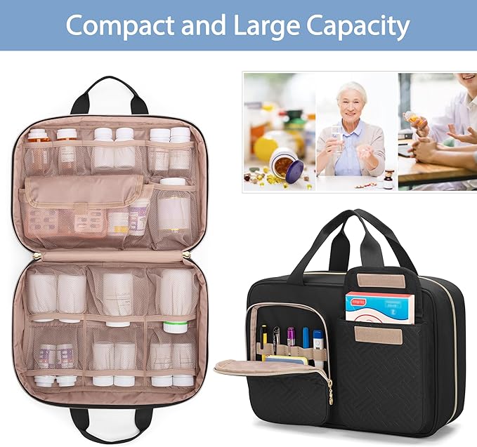 Damero Medicine Organizer, Pill Bottles Storage Travel Bag for Prescription Medication, Medical Supplies, Black