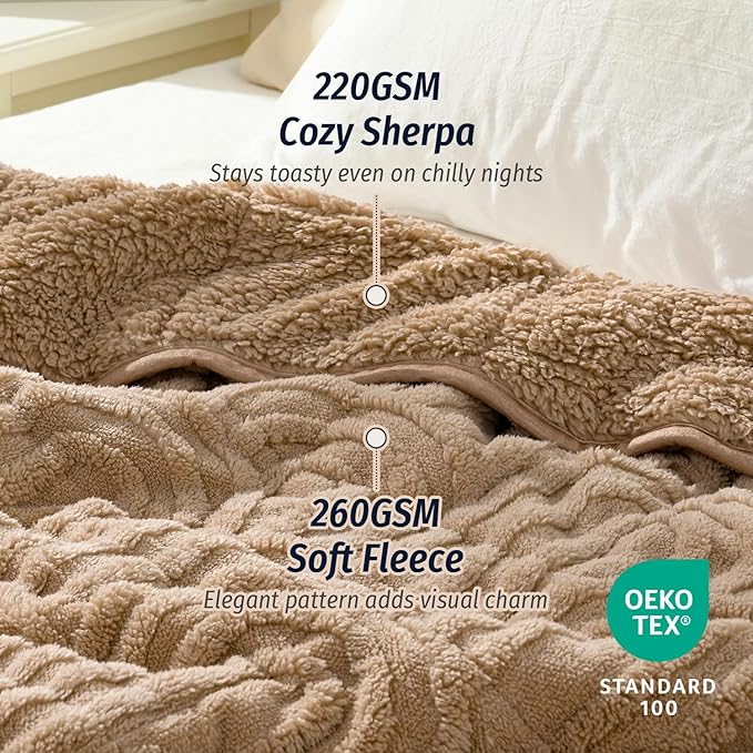 Wemore Jacquard Fleece Weighted Blanket Queen Size 60" x 80" 20lbs, Ultra Soft Cozy Sherpa Weighted Blankets for Adults, Ultra Fuzzy Heavy Blanket for Sleep, Fluffy Warm Throw for Bed, Brown
