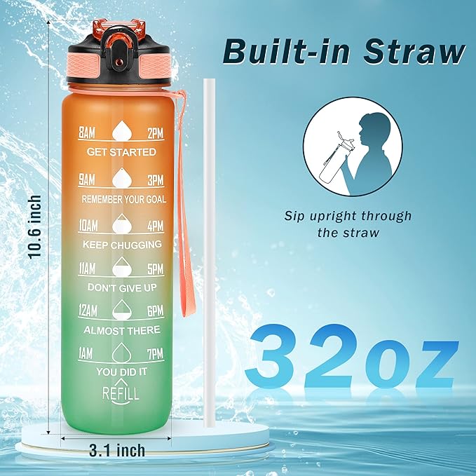 Motivational Water Bottle with Time Marker - 32oz, Leak-proof BPA Free Sports Water Bottles with Straw & Carrying Strap