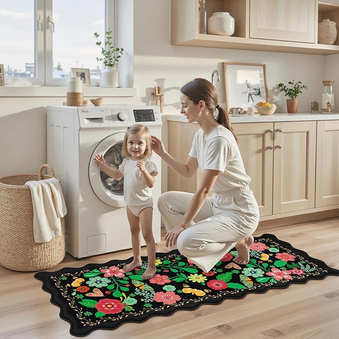 Scalloped Black Kitchen Mats for Floor Cushioned Anti Fatigue Kitchen Mats Rugs Waterproof Non Slip Farmhouse Boho Floral Comfort Foam Standing Mat for Sink Laundry, 17.3x47