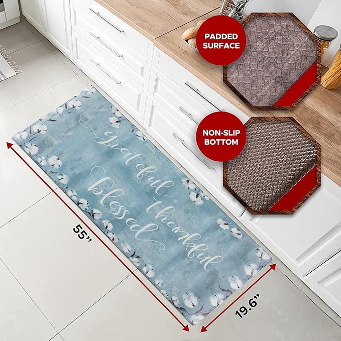J&V TEXTILES Kitchen Mat Cushioned Anti Fatigue Floor Mat,19.6"x55", Thick Non Slip Waterproof Kitchen Rugs and Mats,Floor,Home,Office,Desk,Sink,Laundry (Grateful Thankful Blessed)