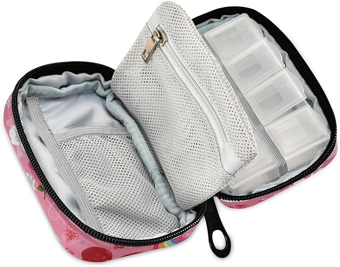 Pink Rainbow Cherry Bird Music Note Travel Pill Organizer Case Box Container Weekly Portable Vitamin Medicine Holder Storage Bag with Zipper Removable