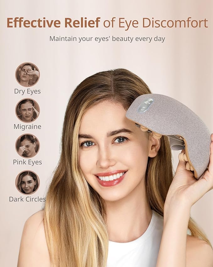 Eye Massager with 2 Level Heat & Cool, 150 Mins Uses, 3 Modes & 14 Vibration Heads, Heated Eye Mask with Bluetooth Music for Migraine, Eye Strain Puffiness and Dry Eye Relief, Eyes Care for Women Men