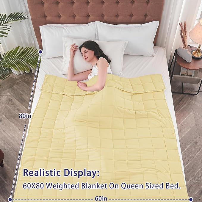 yescool Weighted Blanket for Adults (22 lbs, 60" x 80", Yellow) Cooling Heavy Blanket for Sleeping Perfect for 210-230 lbs, Queen Size Breathable Blanket with Premium Glass Bead, Machine Washable