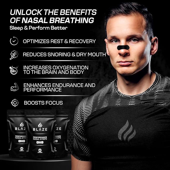 Performance Nose Strips for Breathing (60 Count) - Oil & Sweat Proof Adhesive - Athletic Nasal Strips for Snoring & Sleeping - Black, Wide, Universal Fit, Extra Strength Snoring Solution for Sleep
