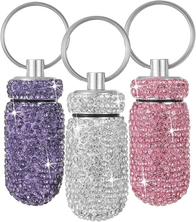 Bling Pill Case Portable Travel Pill Container Bottle Rhinestone Waterproof Small Pill Holder with Keychain Cute Mini Pill Storage Box for Outdoor Camping (White Pink Purple)