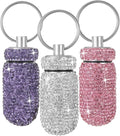 Bling Pill Case Portable Travel Pill Container Bottle Rhinestone Waterproof Small Pill Holder with Keychain Cute Mini Pill Storage Box for Outdoor Camping (White Pink Purple)