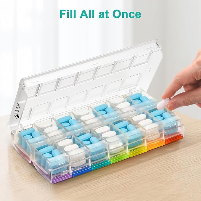 Fullicon Large-Capacity Pill Organizer 2 Times a Day, Fast-Refill Medicine Pill Organizer, Pill Box, Travel Pill Box, Medicine Organizer, AM PM Weekly Pill Case (Clear Rainbow) Patent Pending