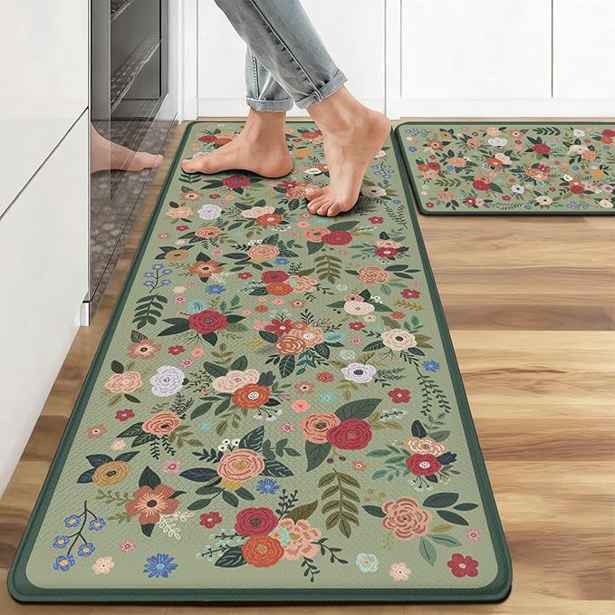 Anti Fatigue Boho Kitchen Rugs Set of 2, Floral Kitchen Mats for Floor, Farmhouse Kitchen Decor, Anti-Slip and Anti-Fatigue Foam Standing Mat,17x30 inch Sink Mat+17x48 inch Runner Rug Green