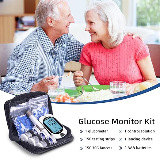 Metene TD-4116 Blood Glucose Monitor Kit, 150 Glucometer Strips, 150 Lancets, 1 Blood Sugar Monitor, Blood Sugar Test Kit with Control Solution, Lancing Device, No Coding, Large Display