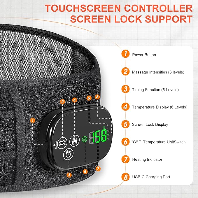 YUANBO Lower Back Heating Pad with Massager for Back Pain Relief, Cordless Heated Back Brace Vibration Wrap with 6 Heat & Timer, Heating Support Belt for Lumbar - Gifts for Mom & Dad