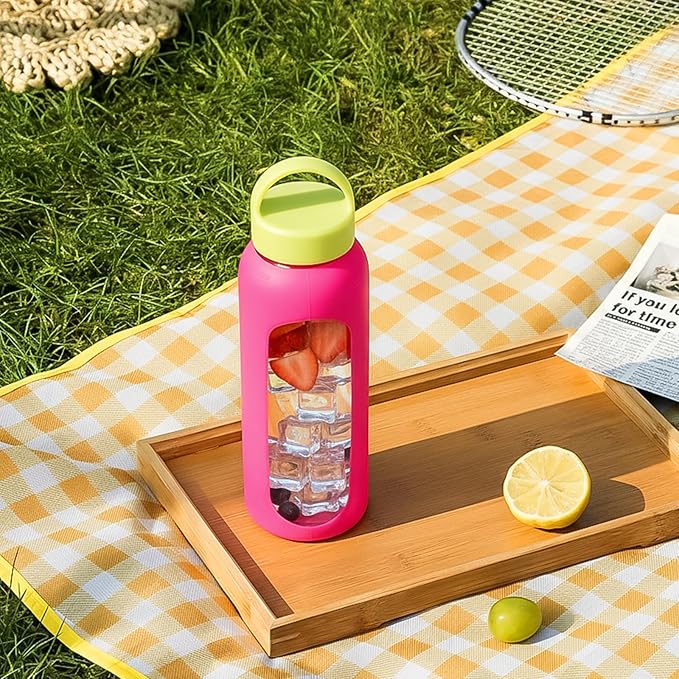 Kodrine Glass Water Bottle 32 oz-Rose Red/Borosilicate Glass Motivational Water Bottle with Straw and 2 Lids,Silicone Sleeve,Time Marker,Dishwasher Safe and BPA Free for Travel,Sports