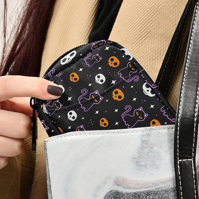 Halloween Skulls and Black Cat Pill Box 7 Day Pill Case Travel Pill Organizer Bag Container for Medicine with Zipper Portable Weekly Case Compact Size for Medicine, Vitamin, Supplement